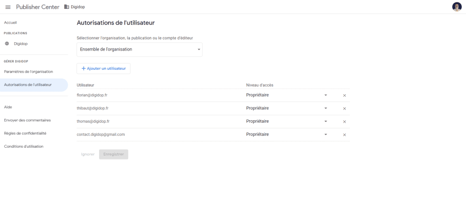 Capture d'écran gestion accès utilisateurs dans Publisher Center pour Google Actualités