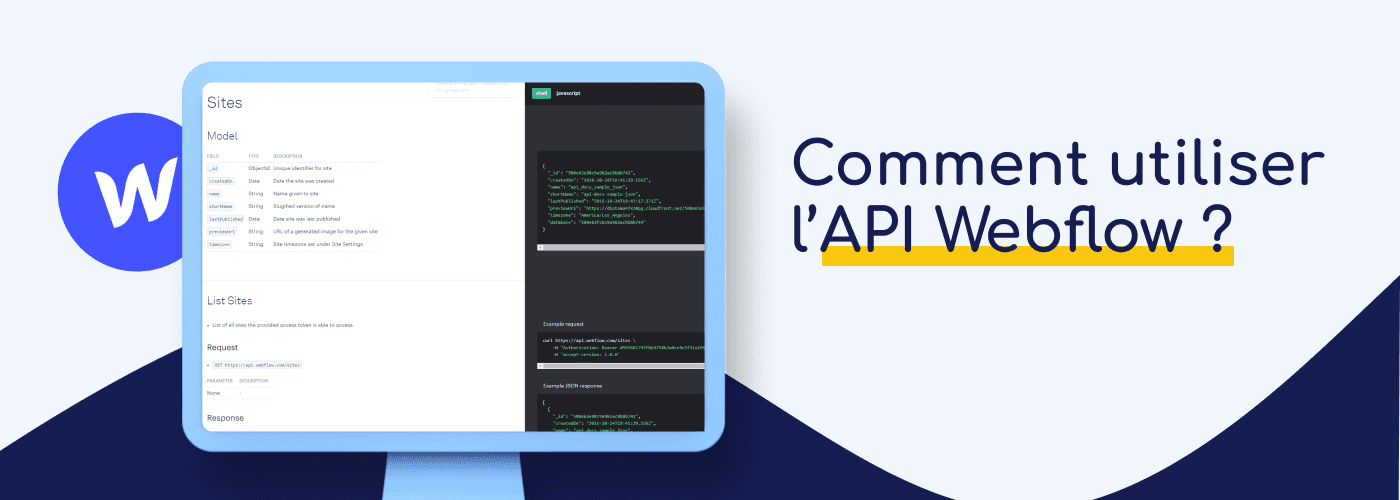 Ordinateur bleu avec image de documentation API et icon Webflow sur fond bleu ciel