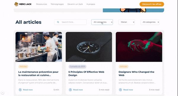 Système de filtrage sur le blog Merci Jack
