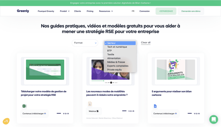Page ressource de Greenly avec système filtrage