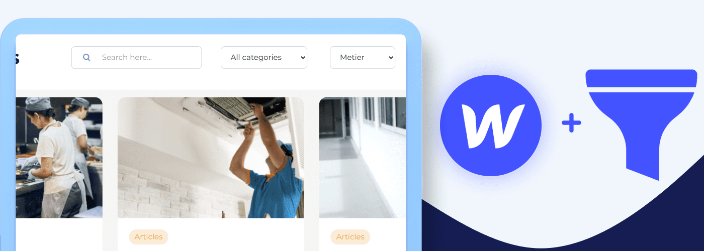 Logo webflow avec icone filtre et une capture d'ecran d'un systeme de filtrage sur Webflow