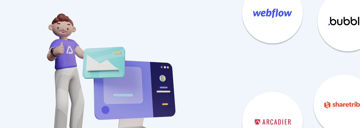 Personnage avec un écran d'ordinateur et le logo de Webflow, bubble, arcadier et sharetribe
