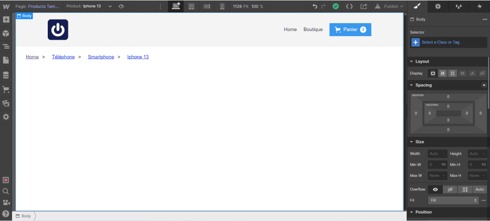 Insertion de la navbar et du fil d'ariane dans la Page "Products Template" dans Webflow Ecommerce