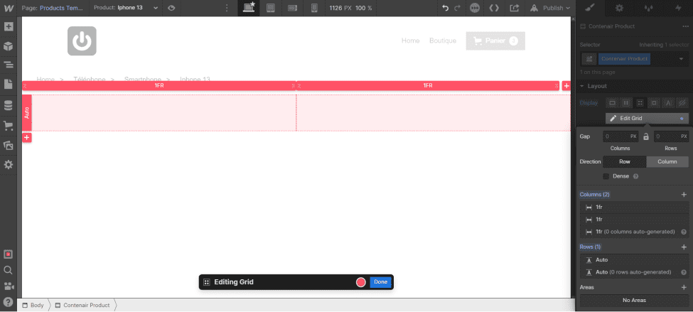 Ajout d'un section en display Grid dans la Page "Products Template" dans Webflow Ecommerce