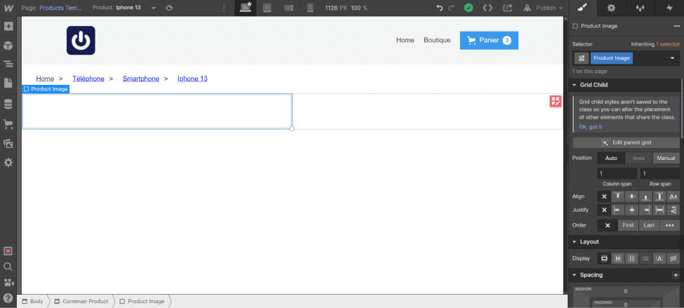 Insertion d'un div bloc dans la première colonne de la grid dans la Page "Products Template" dans Webflow Ecommerce