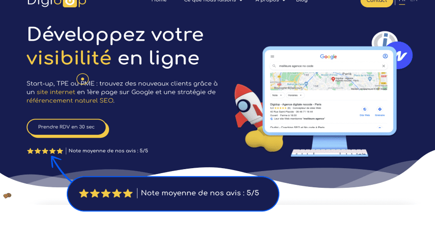 hero section digidop.fr avec call to action avis clients