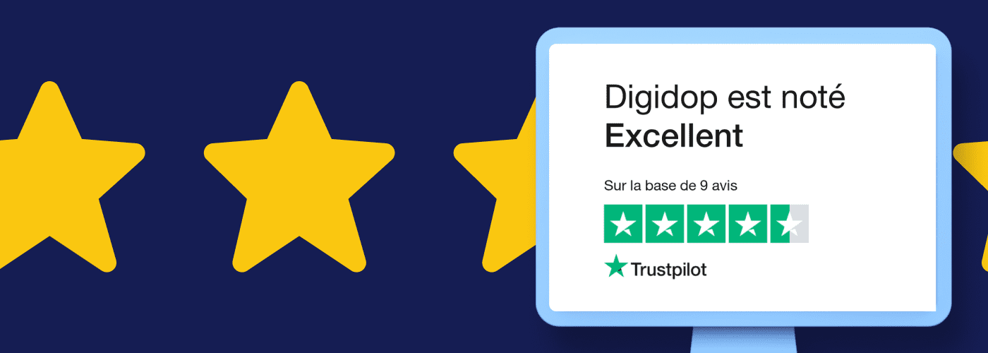 AVis client digidop sur truspilot avec étoile jaune en fond