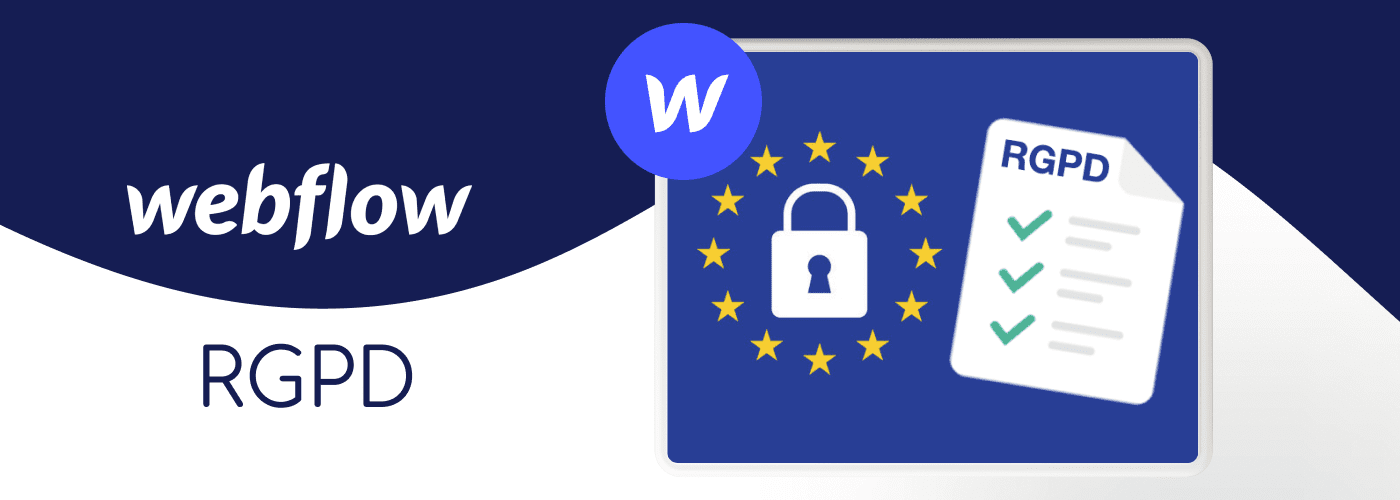 Ecran de mise en conformité RGPD avec étoiles européennes, cadenas et logo Webflow sur fond vague bleue
