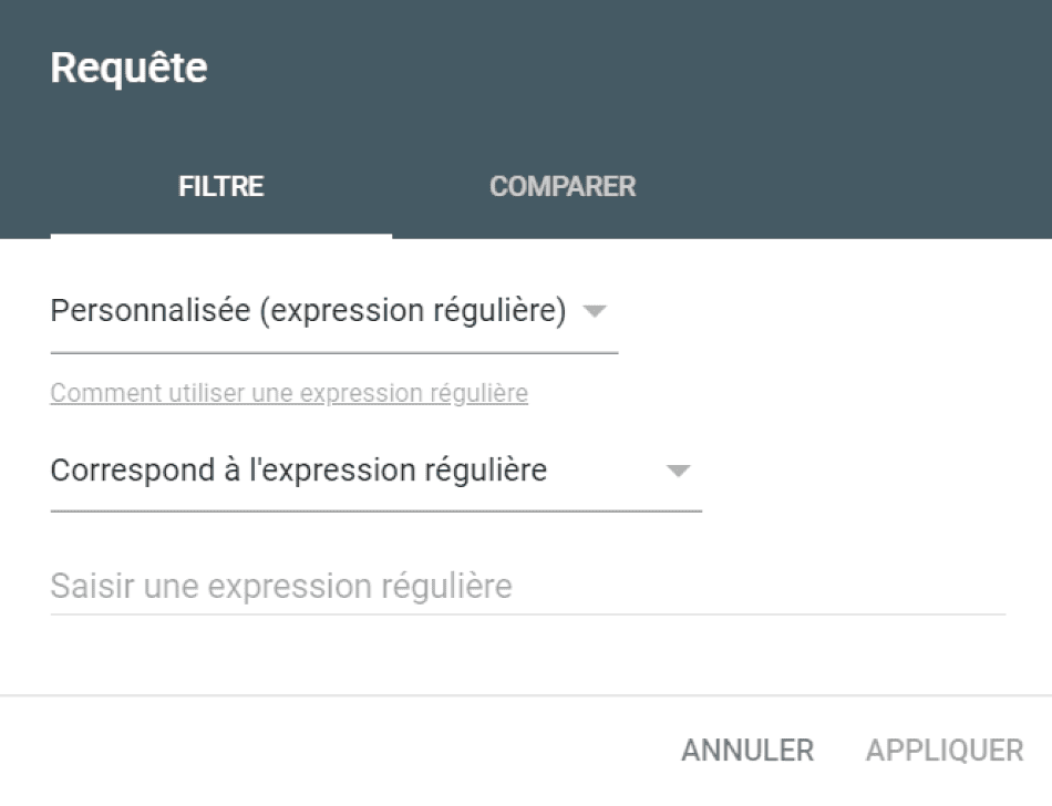 Système de filtrage par expression régulière (regex) pour les requêtes dans la Google Search Console