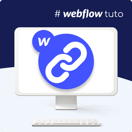 Fond vague bleu avec écran d'ordinateur, icone URL bleue et icone Webflow bleue