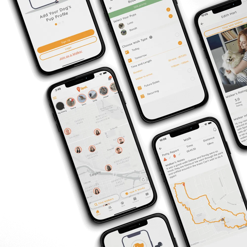 screenshots of the spot dog walking app