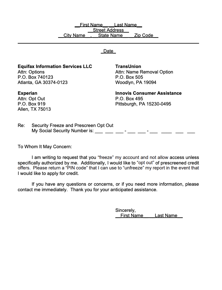 Credit Freeze Request Templates Samples