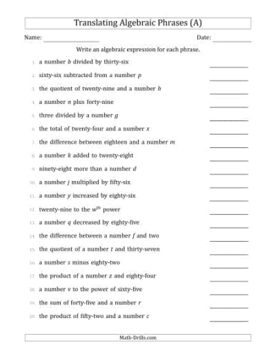 Algebra Worksheets - Math-Drills.com
