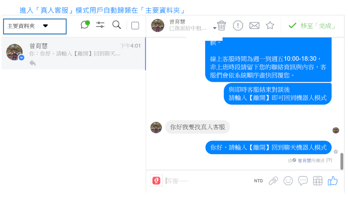 客服人員至Facebook粉專收件匣的「主要資料夾」回覆
