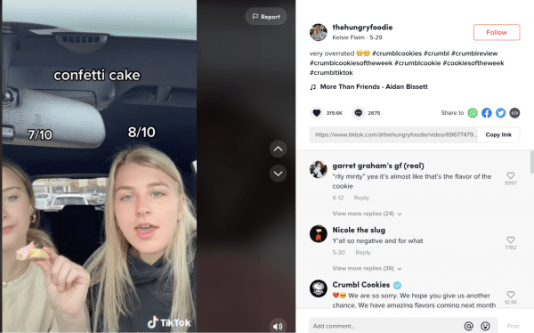TikTok influencer @thehungryfoodie (Kelsie Flaim) showcasing and rating Crumbl's products