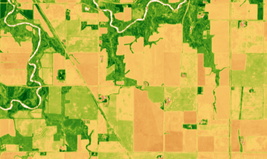 Satellite imagery processed to view the vegetation index of an agriculturalregion