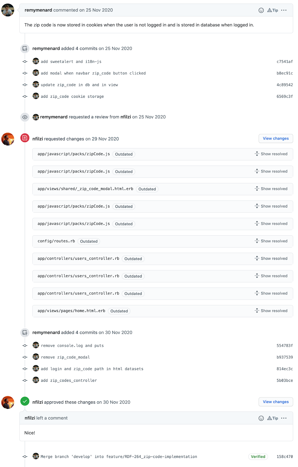 Screenshot Pull Request entre les développeurs Rémy Menard et Nicolas Filzi