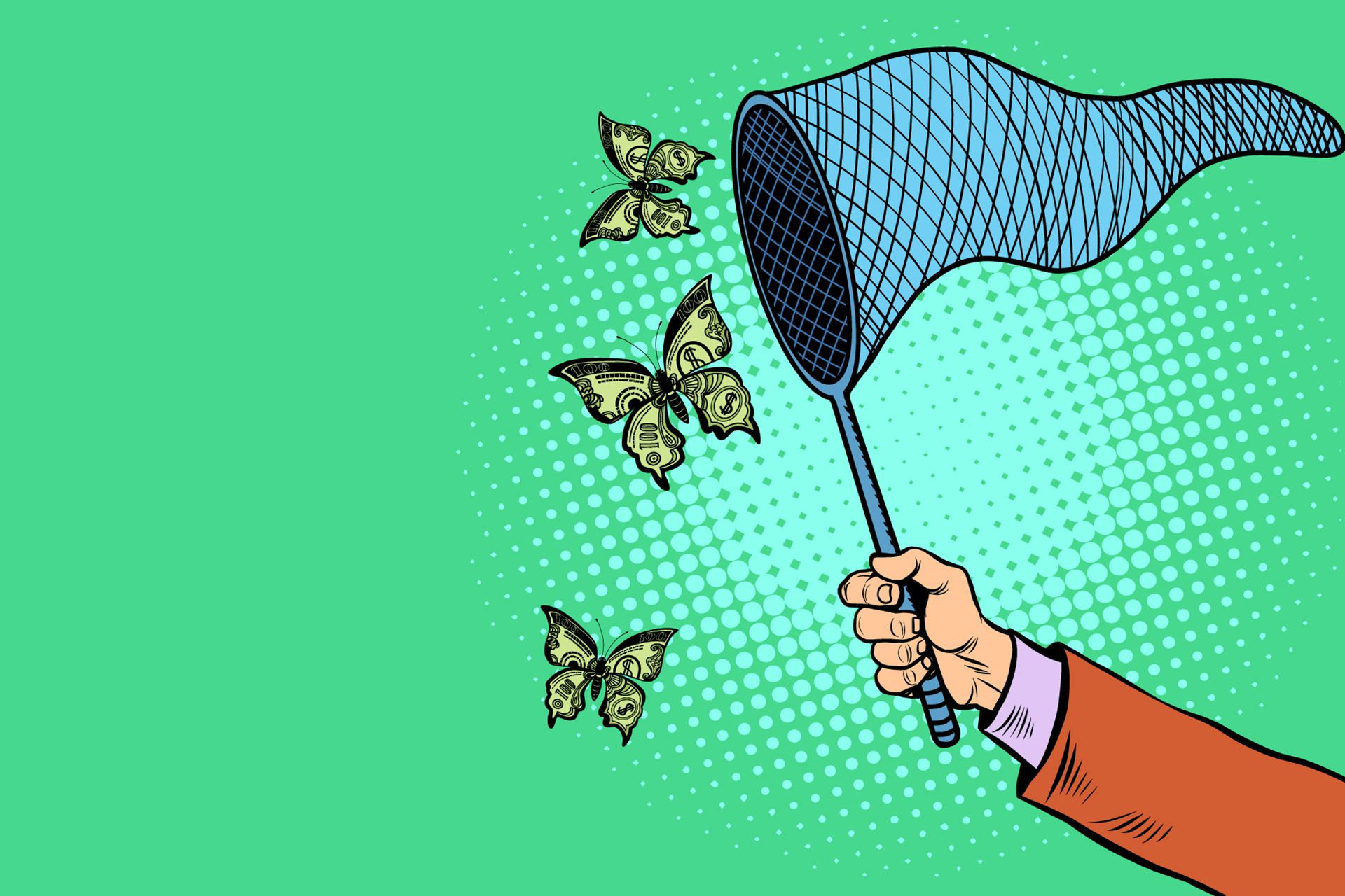 Businessman catching money with a butterfly net, pop art retro vector illustration. Business and Finance, the concept of hunting for revenues and profits