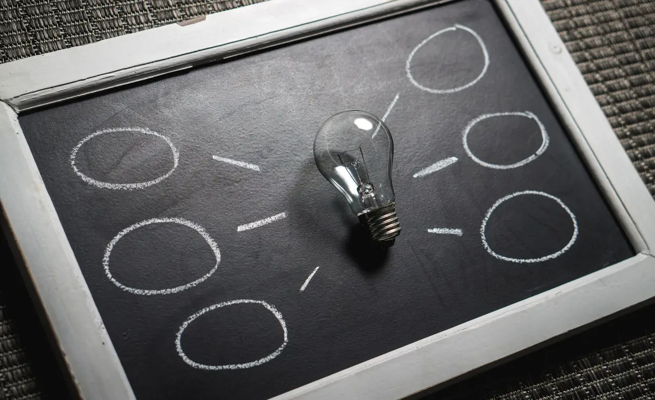 An image of a light bulb on a chalk board with thought bubbles from the light bulb, in chalk