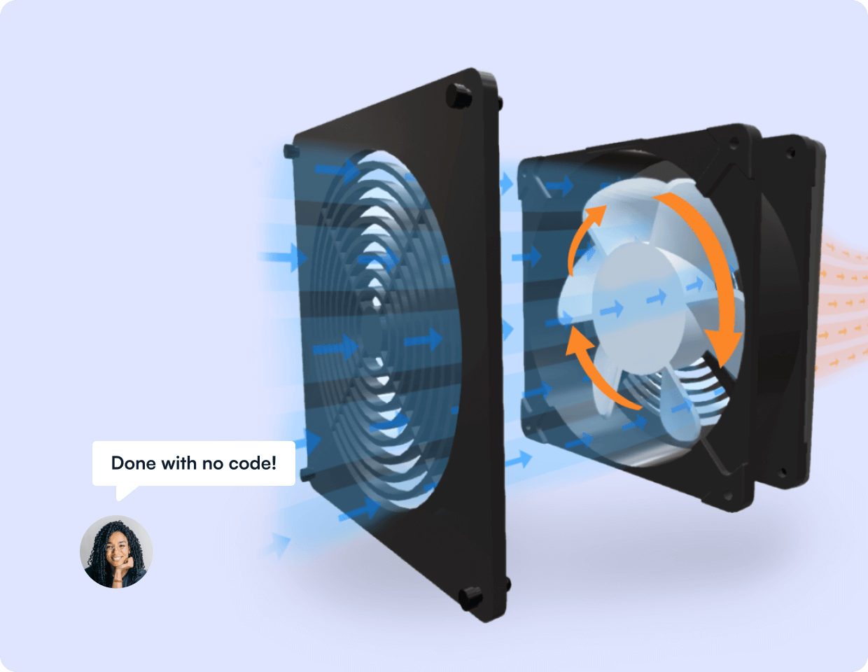 A fan Jig with comment of "Done with no code!".