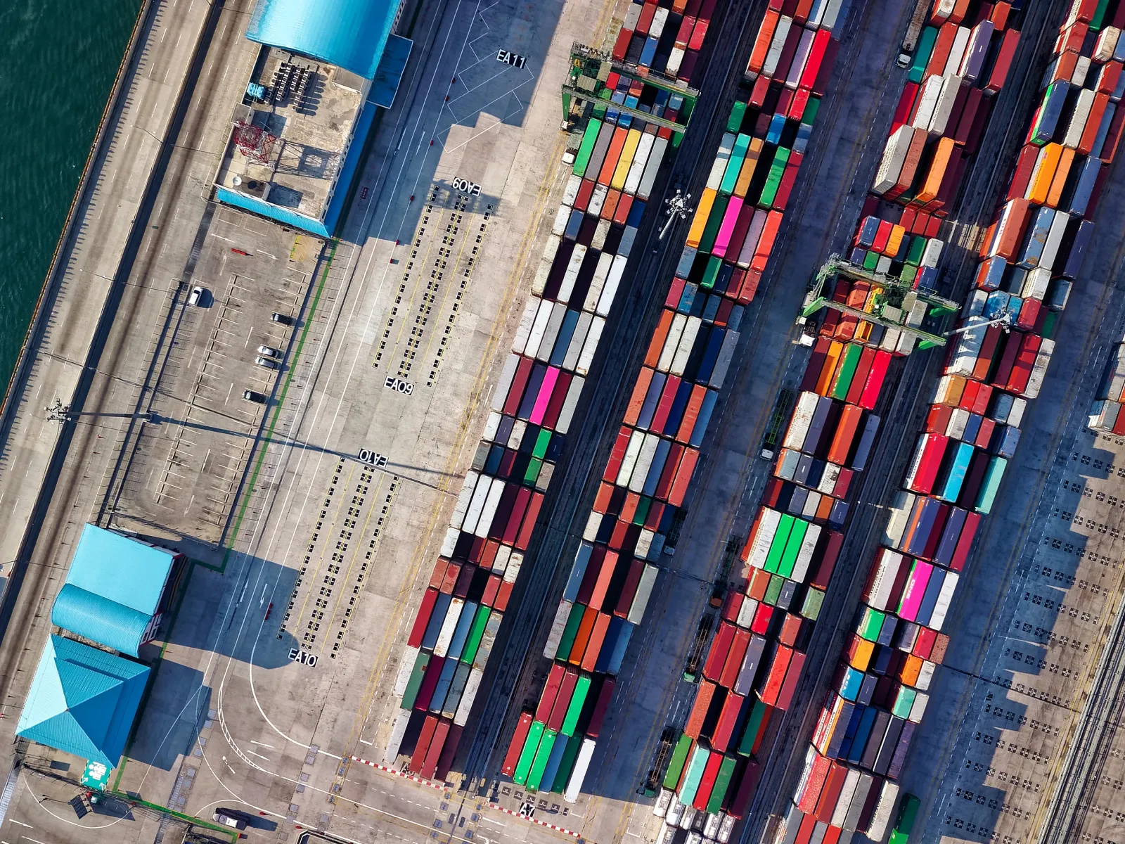 Top view of the shipping containers at the port