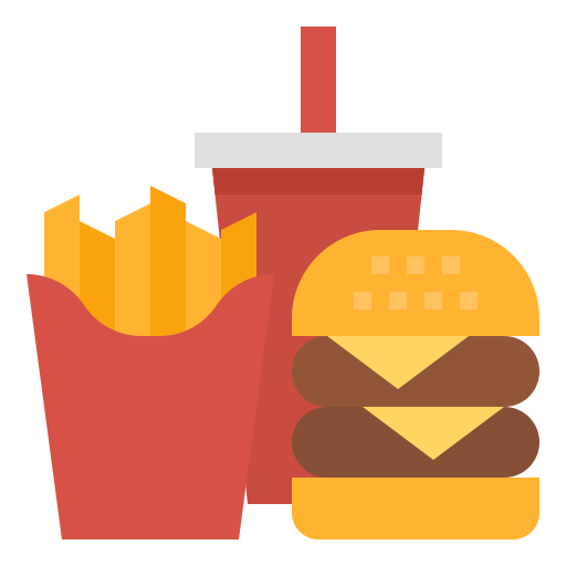 Ilustração de uma refeição composta por batata frita, hamburguer e refrigerante, representando uma grande rede de restaurantes