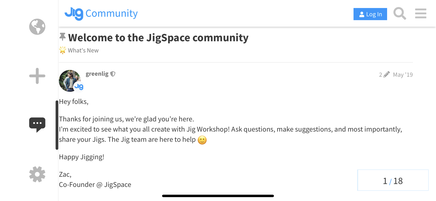 Zac's message in Jig Community