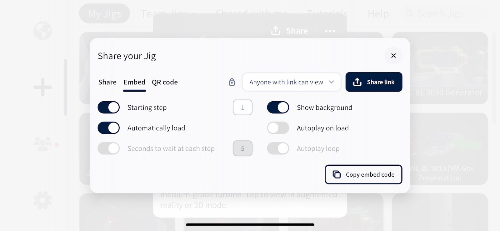 Copy embed code from the JigSpace app to get embeddable iframe of your 3D content