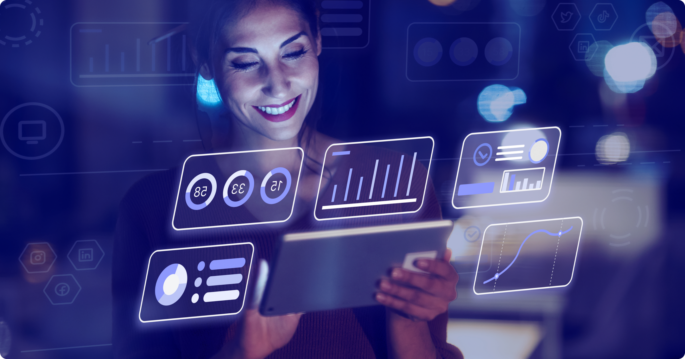 A person surrounded by virtual screens displaying marketing data