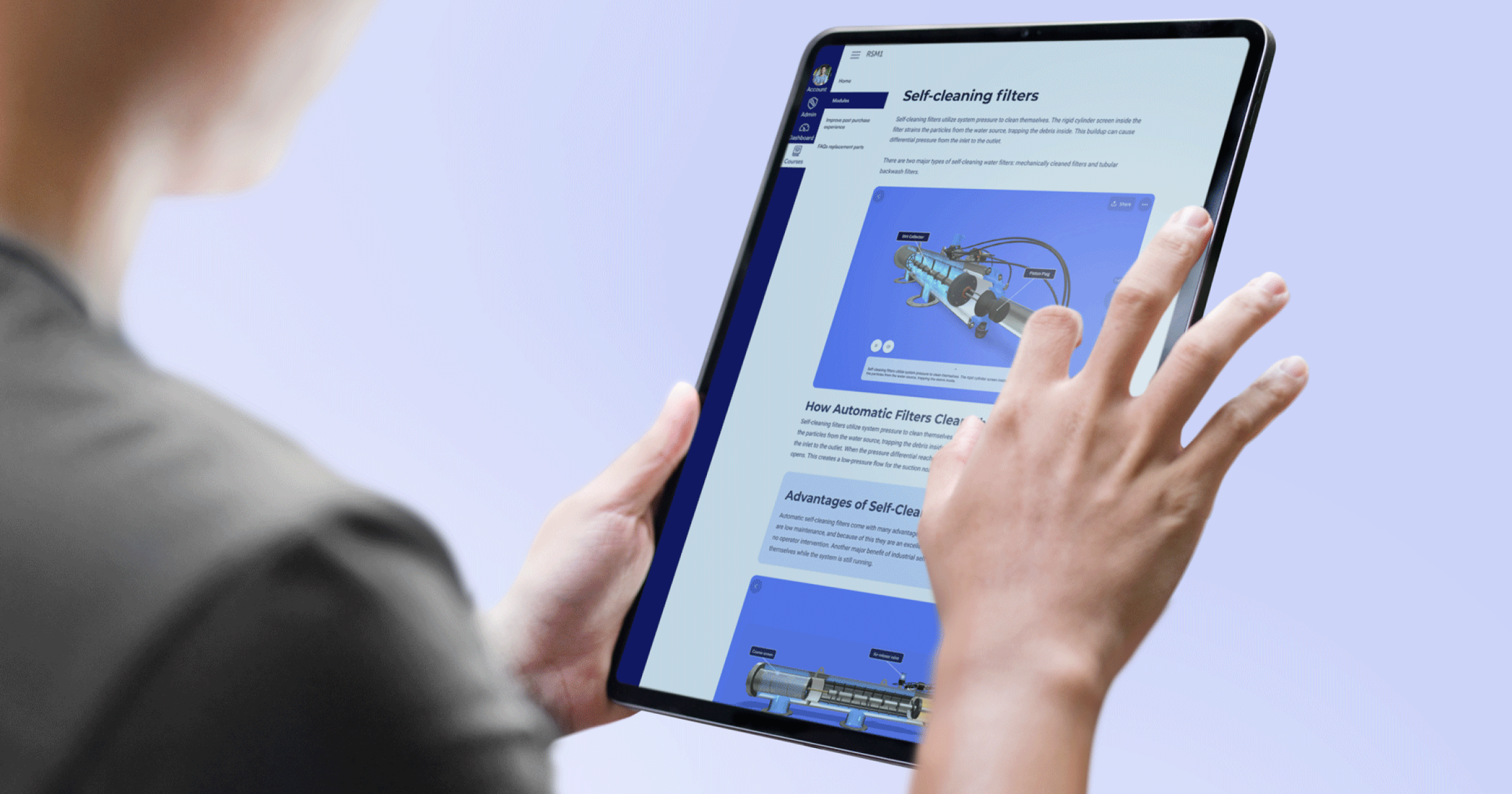 A person learning remotely on a mobile device using 3D product presentations