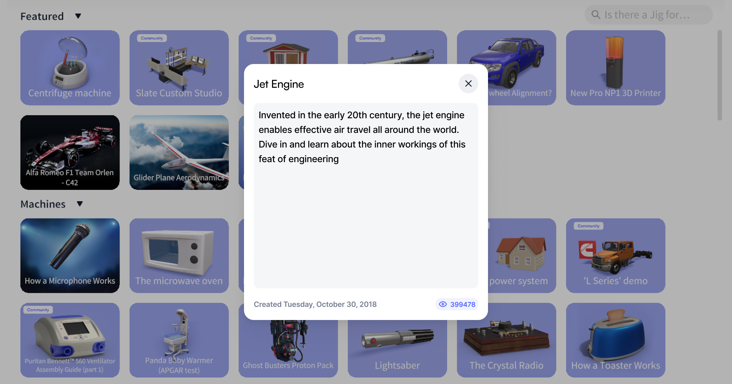 A screenshot of the JigSpace app showing a Jet engine Jig or 3D presentation having thousands of views