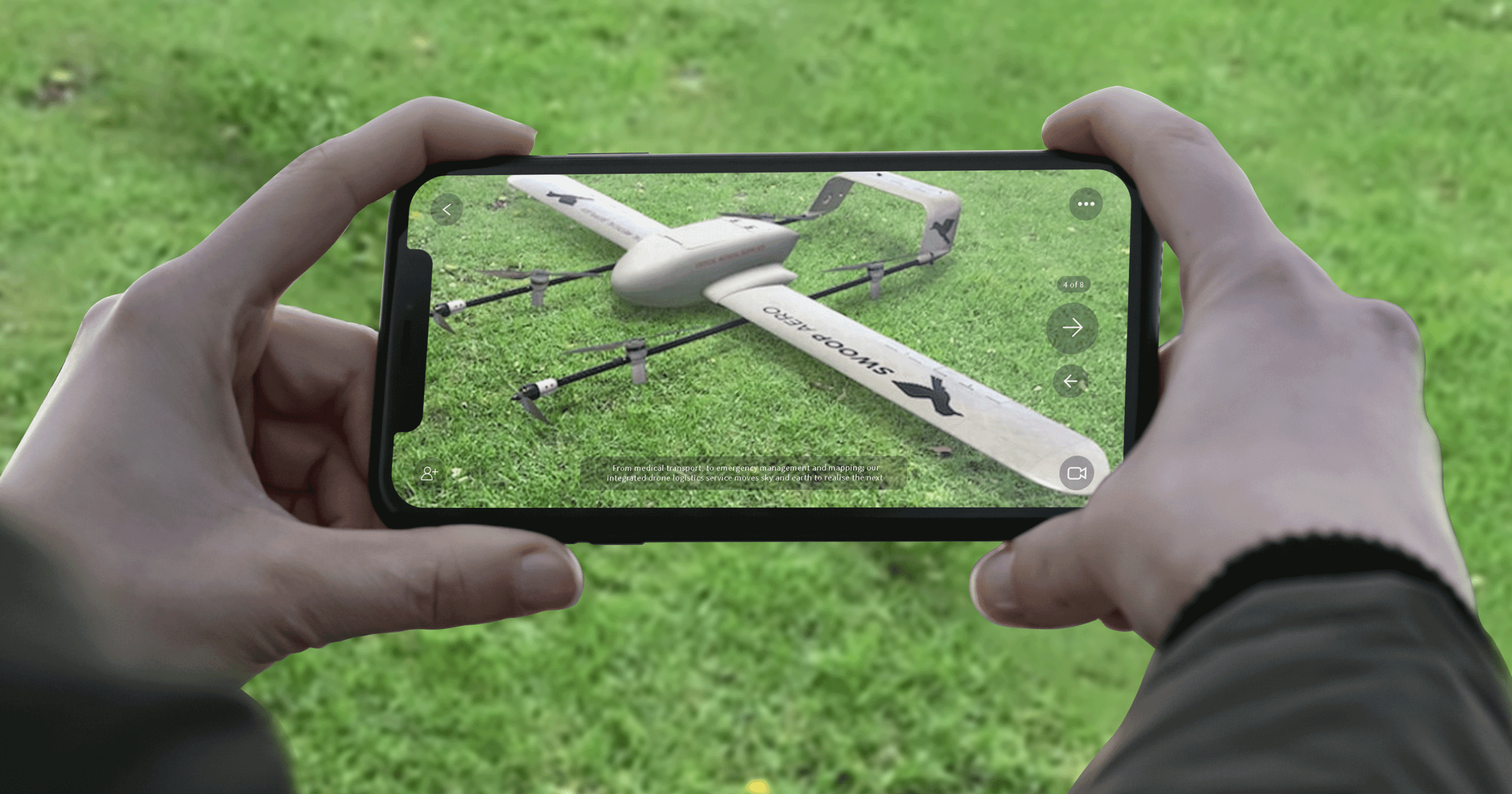 Person viewing a Swoop Aero 3D product presentation in augmented reality using JigSpace