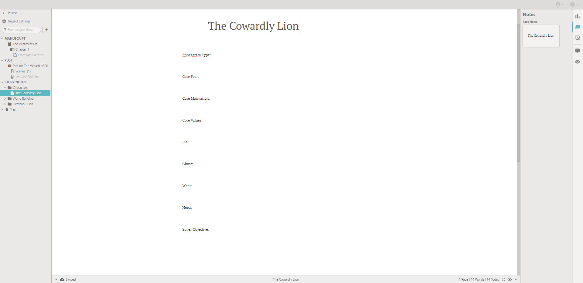 Character sheet in Dabble