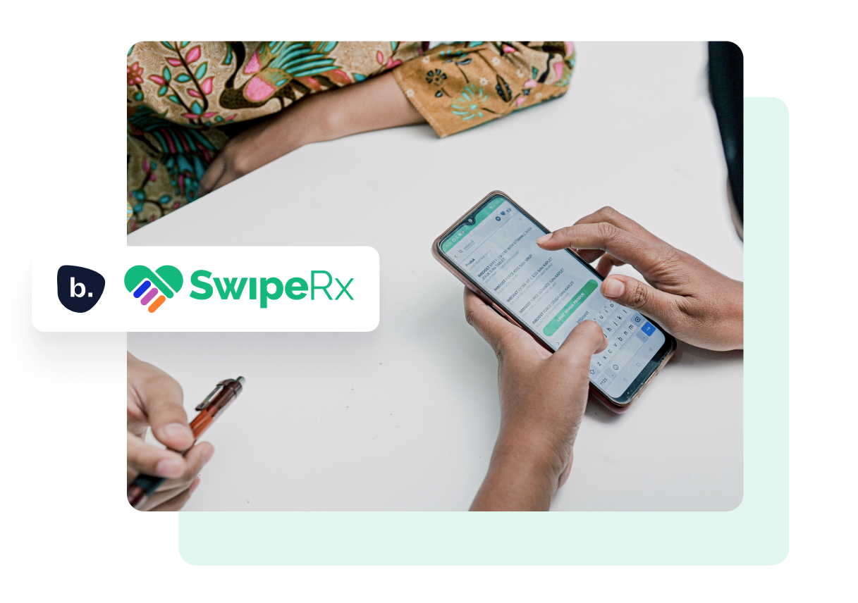 person using SwipeRx application with benshi and SwipeRx logos