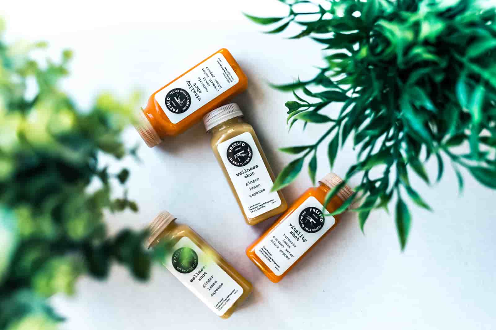des petites bouteilles de jus de fruits écologique sont posé à coté de plantes