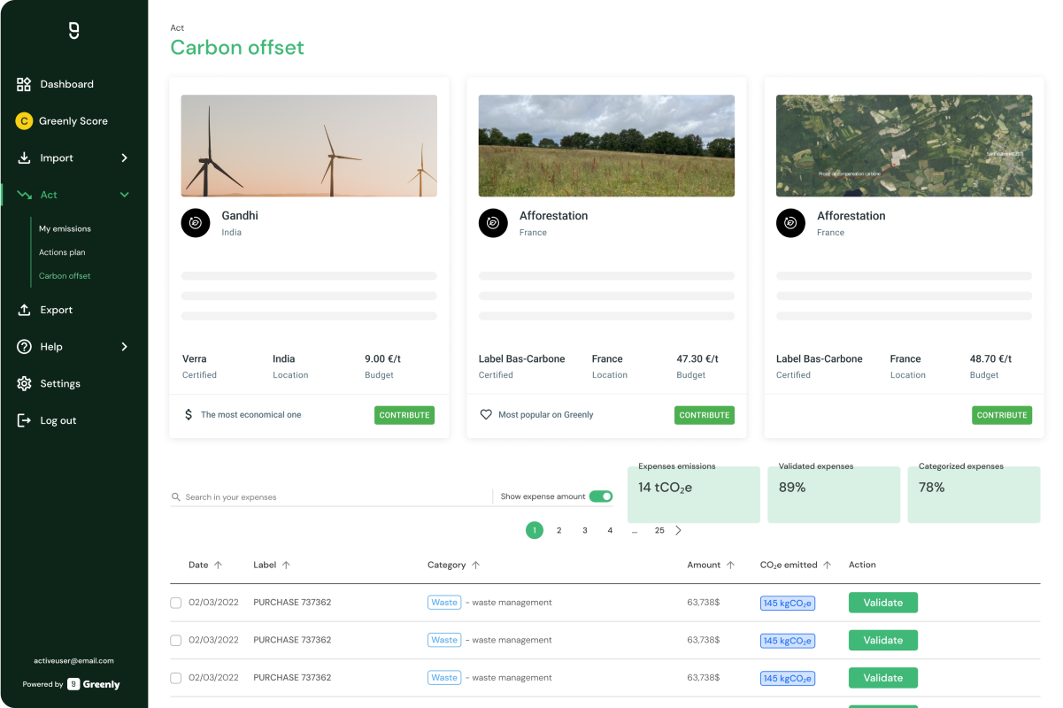 Screen of Greenly SaaS for offsetting