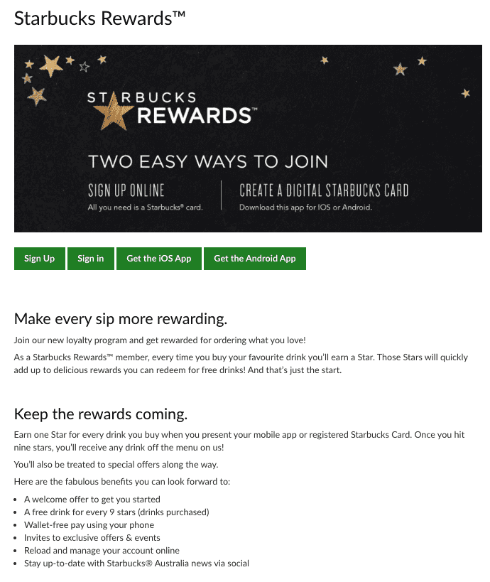 starbucks screenshot of website rewards