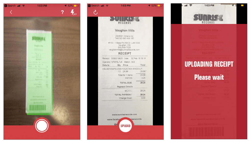 screenshot of receipts showing sunrise records receipt scanning club program