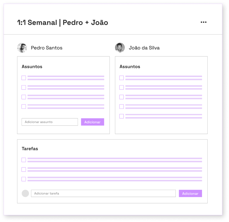 Tela de realização de uma 1:1 com os assuntos do Pedro escritos à esquerda em uma checklist e os do João, à direita. Abaixo, tarefas e combinados definidos pelos dois em um checklist.