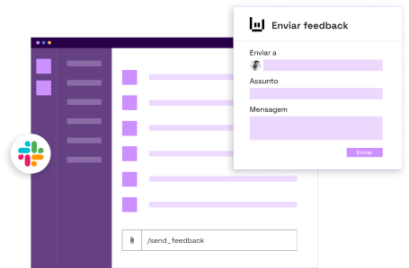 Interface do Slack com a mensagem /send_feedback escrita e o modal da Qulture.Rocks aberto com campo de para quem, assunto e mensagem com o objetivo de enviar um feedback a outro colaborador.