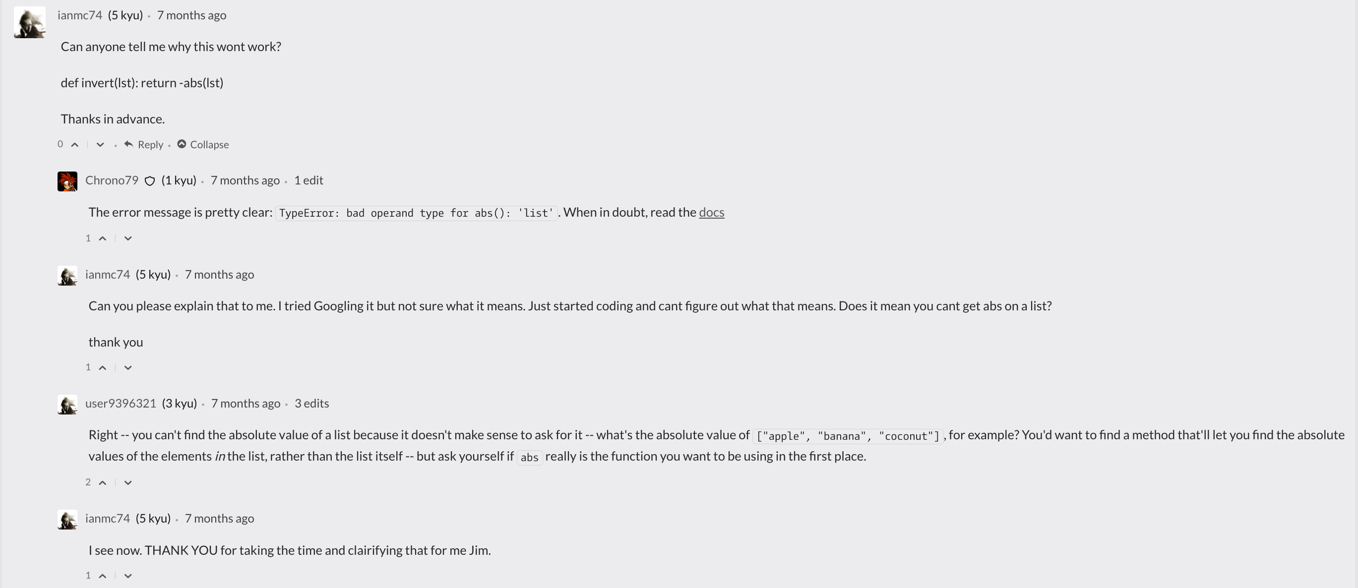 A user struggles to understand why their code won't work. Other users in the kata Discourse thread help by explaining the issue and provide a solution.