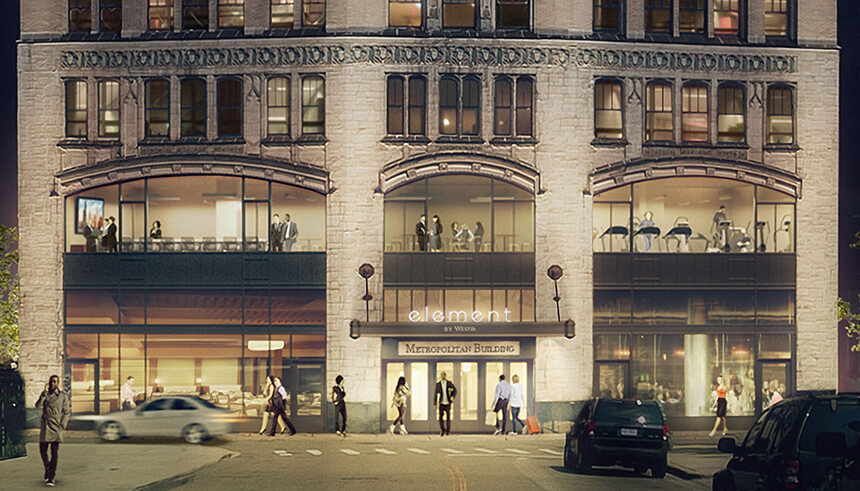 A rendering of the Element Detroit hotel at the historic Metropolitan Building.