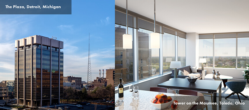 Side-by-side photos of the exterior of a tall building labeled "The Plaza, Detroit, Michigan," and an apartment interior labeled "Tower on the Maumee, Toledo, Ohio"