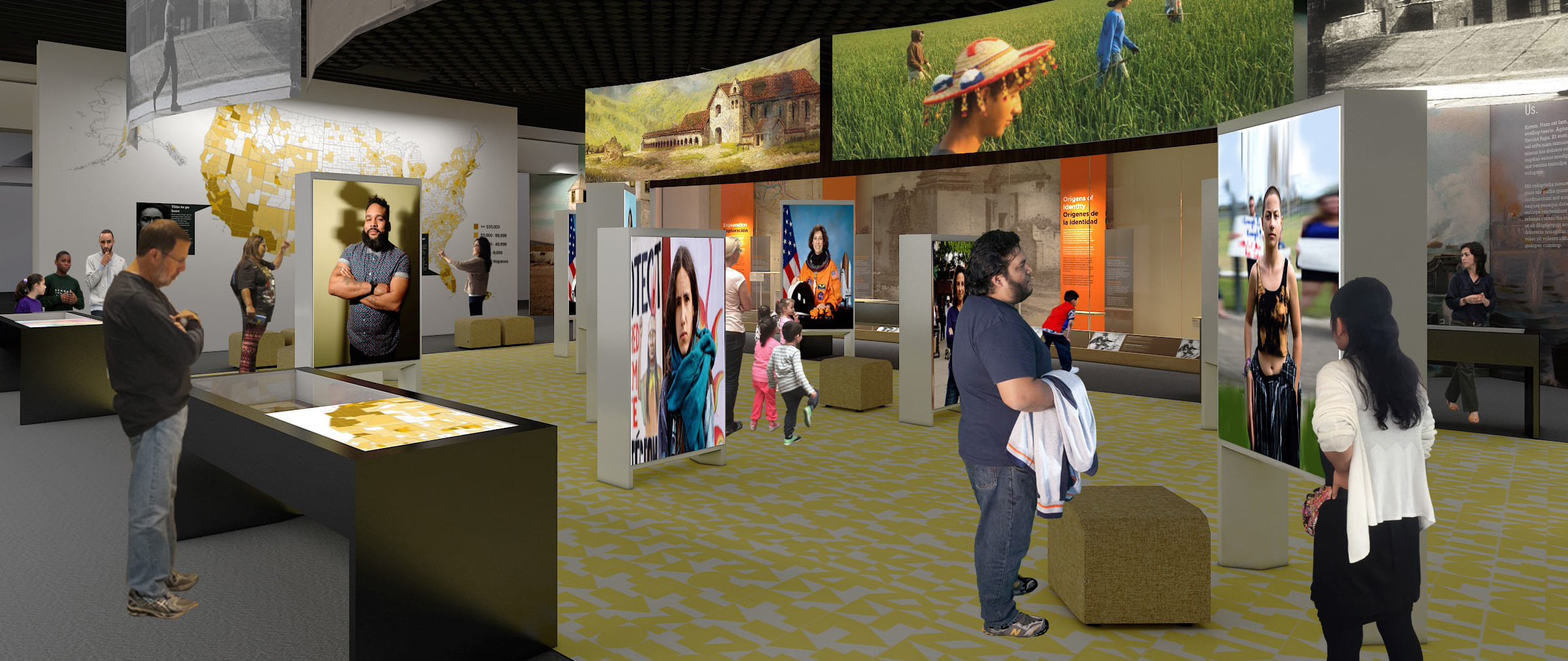 A rendering of people looking at museum exhibits.