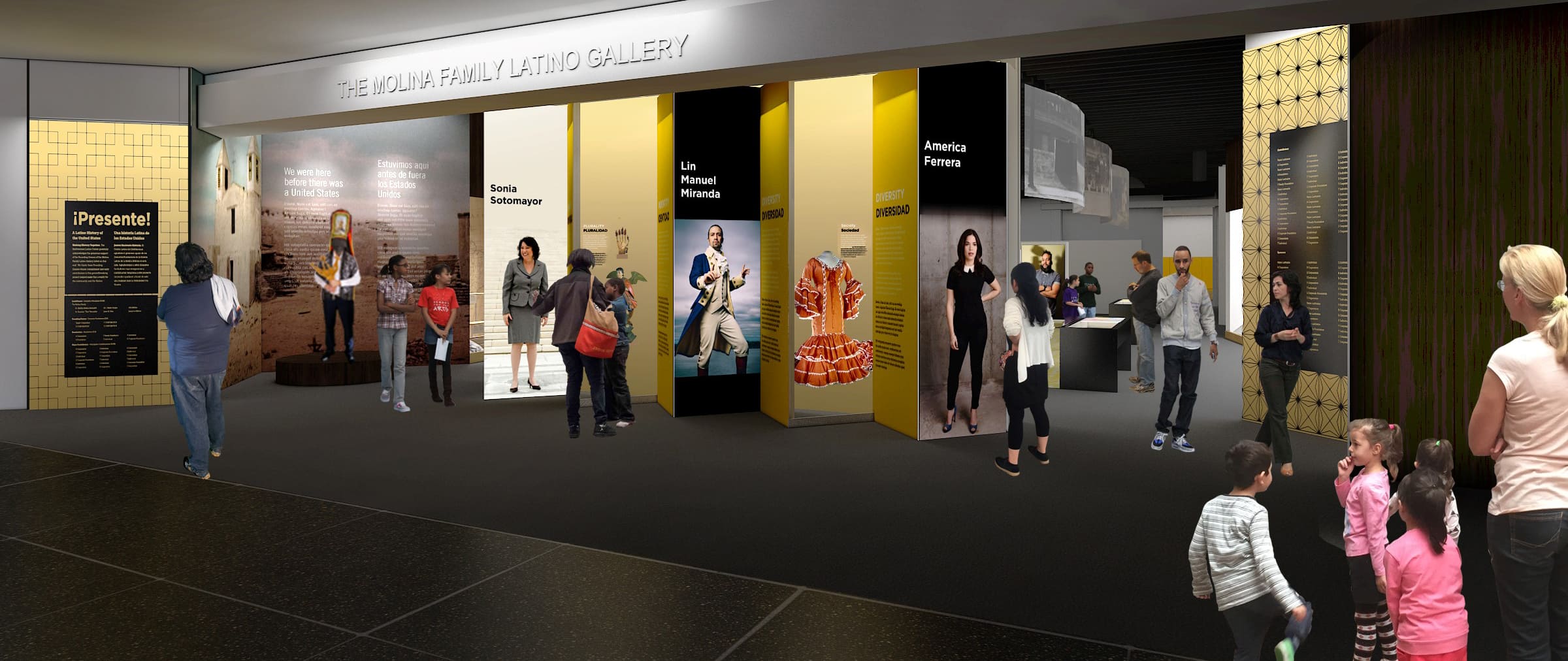 A rendering of people looking at museum exhibits.