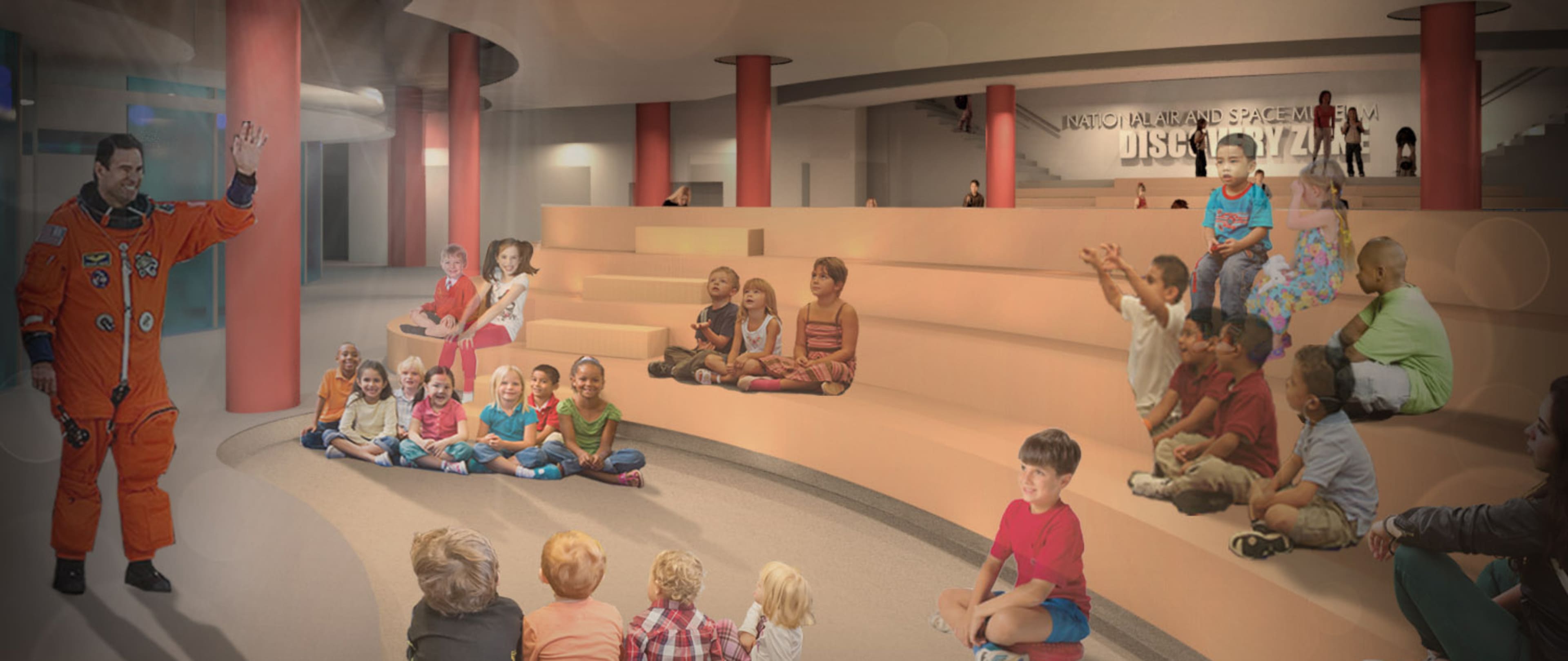 A rendering showing an astronaut greeting a group of children.