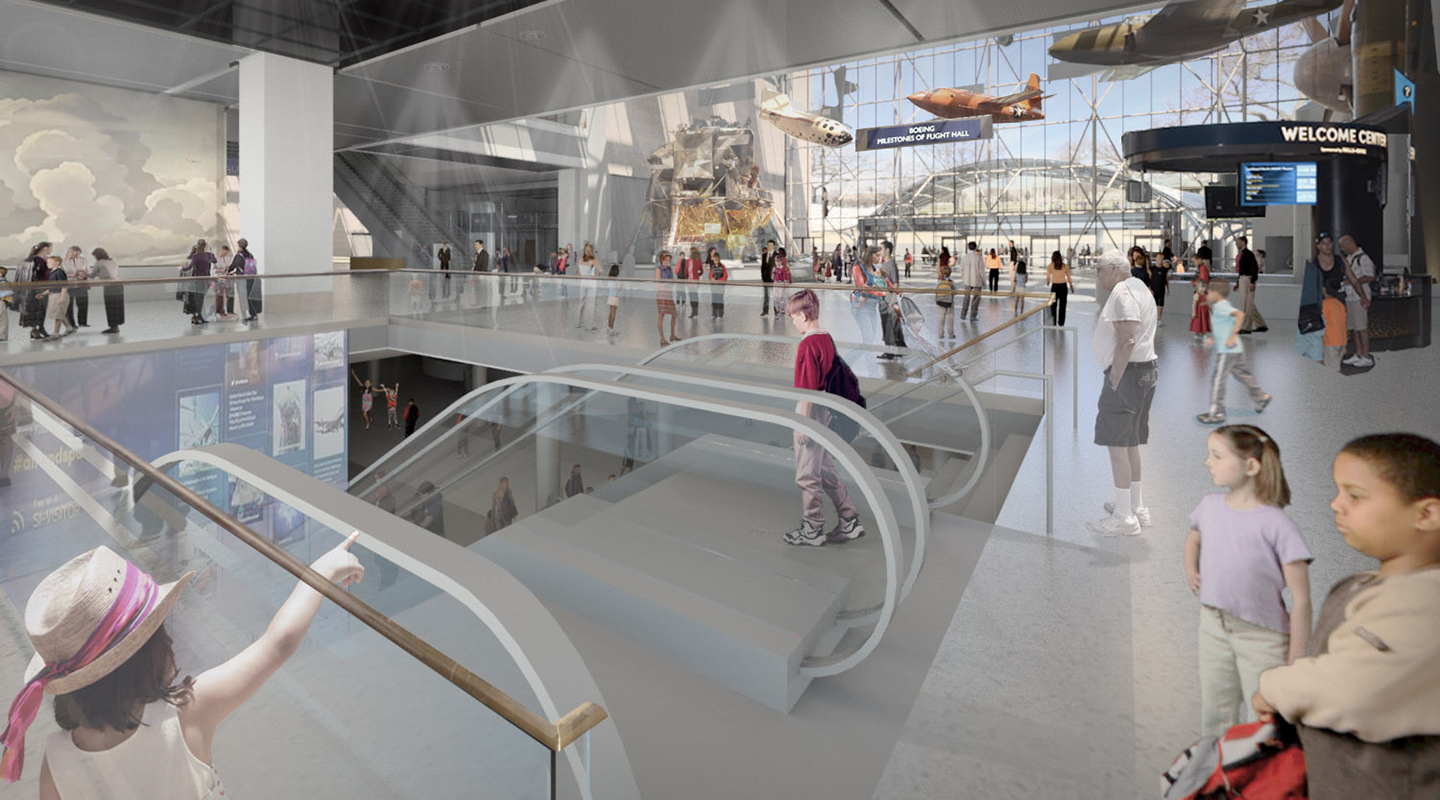 A rendering of children inside a museum displaying airplanes.