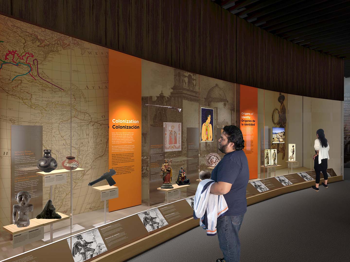 A rendering of a visitor looking at an exhibit.