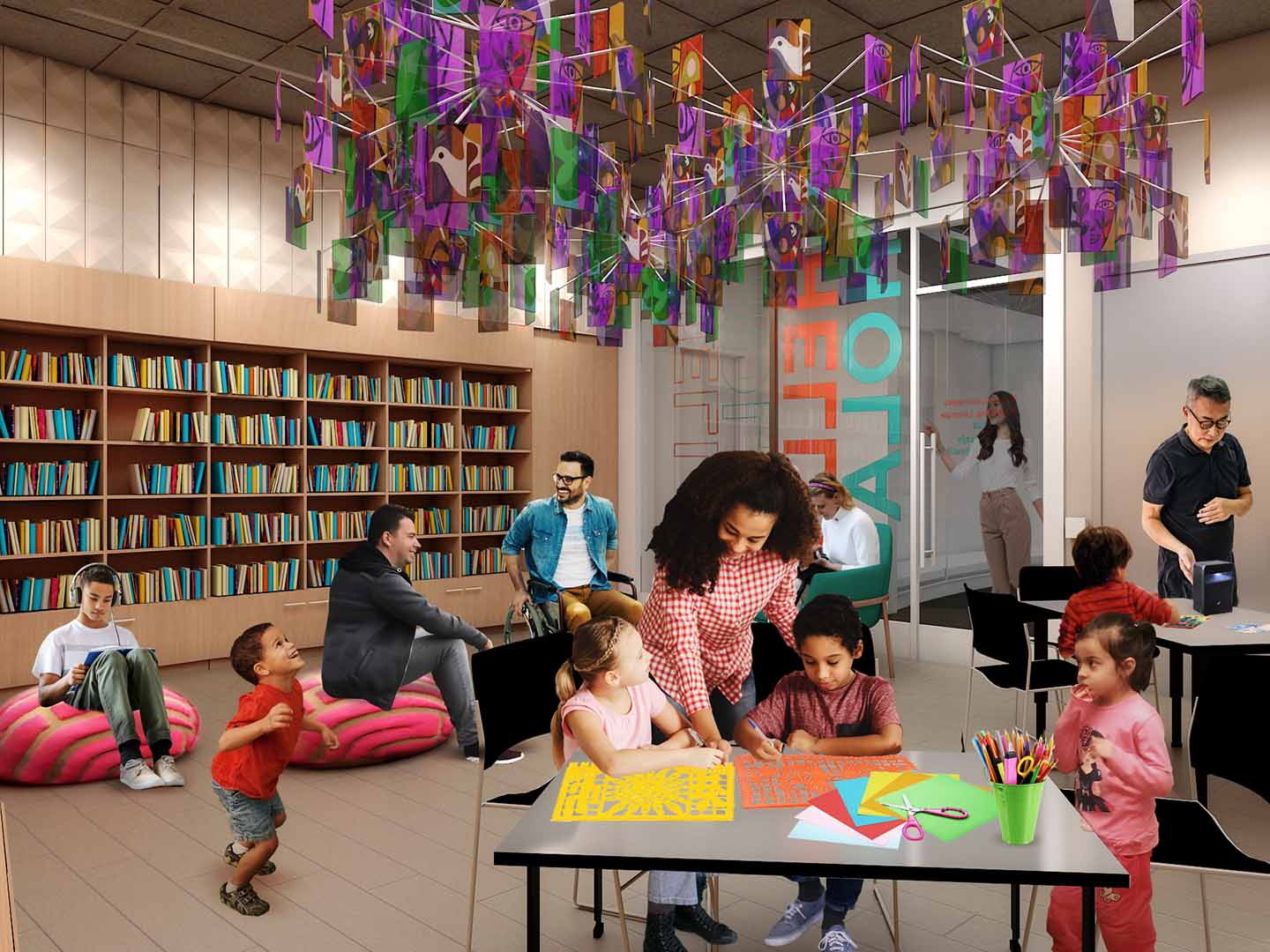 A rendering of children in a reading and play room.