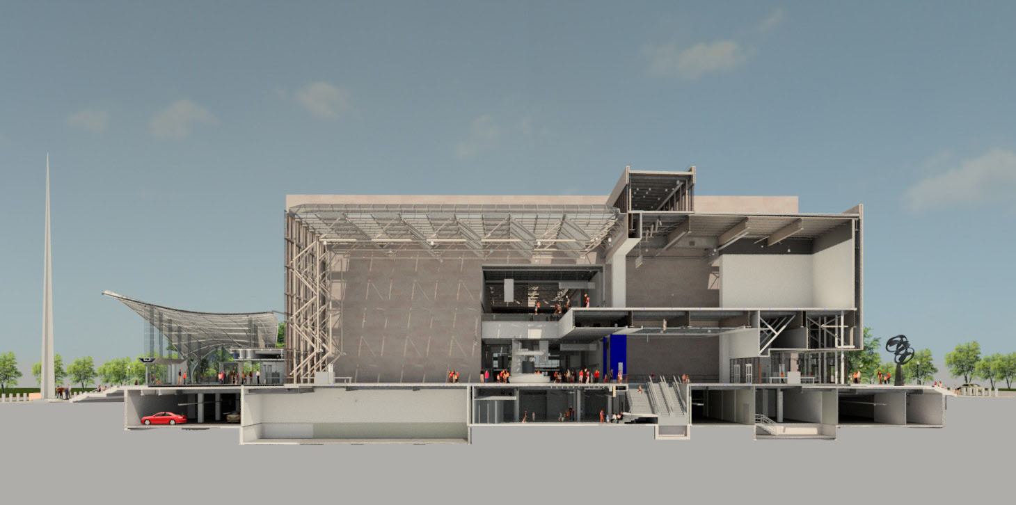A section cut showing the interior of the National Air and Space museum.